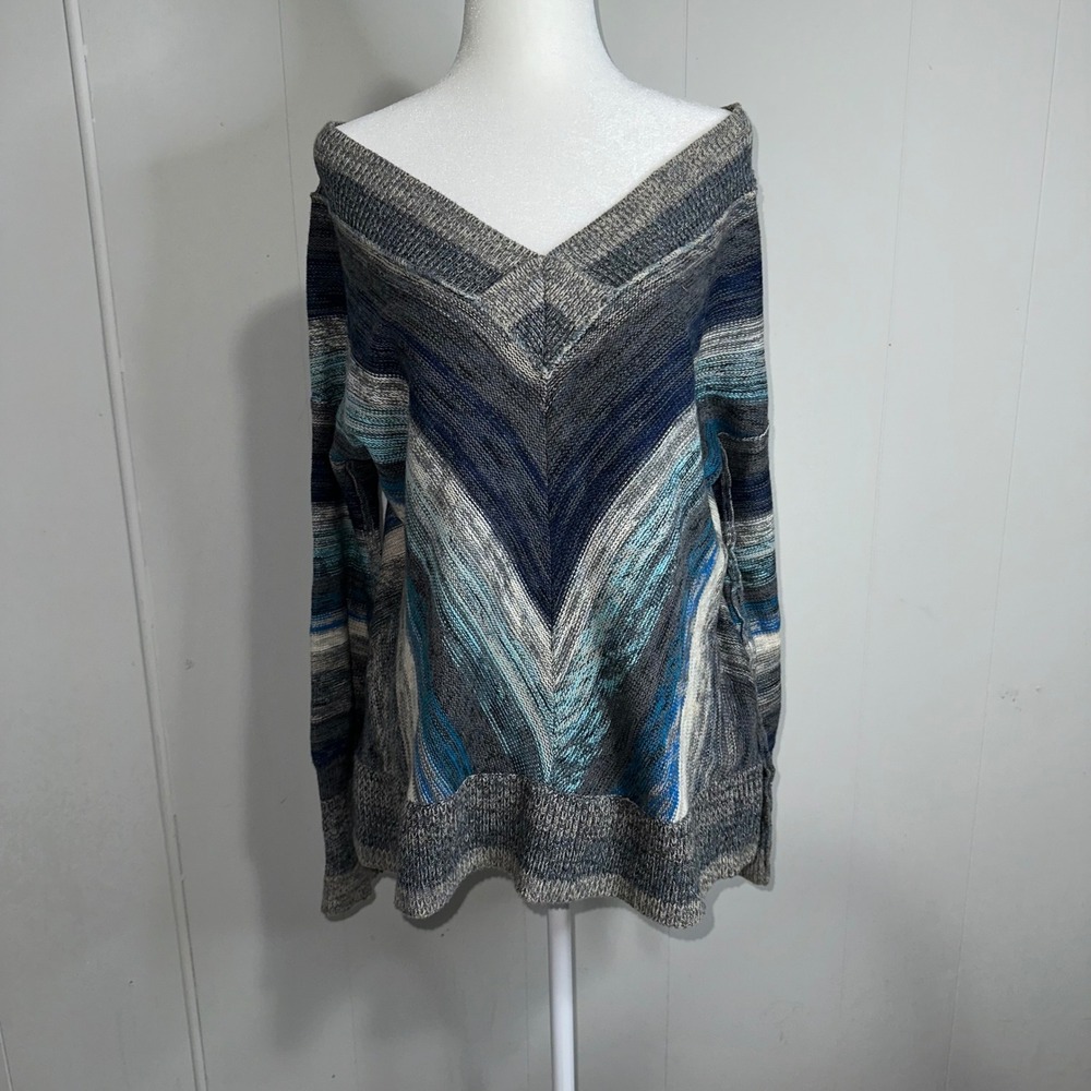 Free People Gray and Blue Stripe V Neck Off Shoulder Sweater‎ Knit Size S - Picture 2 of 9